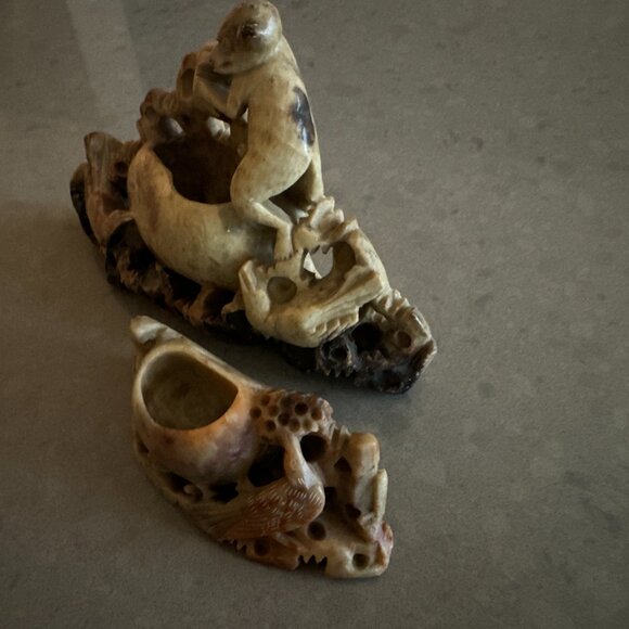 Antique Chinese Shoushan Soapstone Carvings Ink Pot Monkey Bird Sculpture - Picture 3 of 9